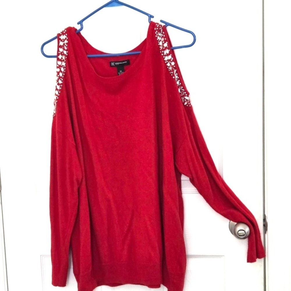 INC‎ International Concepts Red Jeweled Cold-Shoulder Knit Sweater Size 2XL